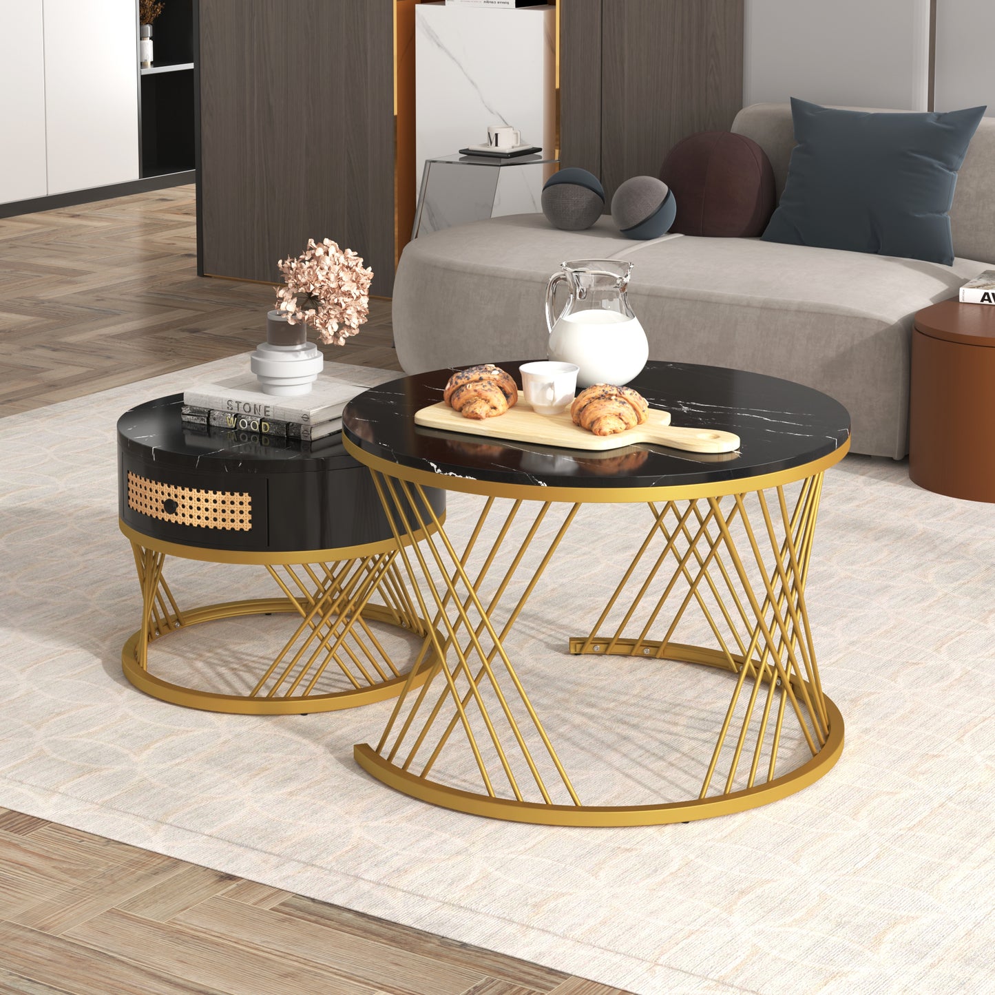 Soffbord , sidobord ,bord 2 i 1 runt 70*70*45,5+50*50*38,5cm