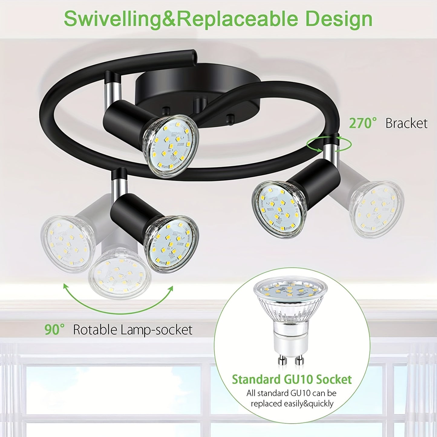 LED-taklampa, rund och roterbar, 3-vägs modern taklampa, lämplig för 3 glödlampor, med 3 GU10 glödlampor, 5000k