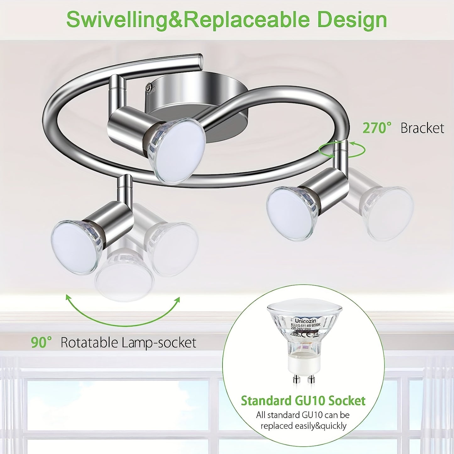 LED-taklampa, rund och roterbar, 3-vägs modern taklampa, lämplig för 3 glödlampor, med 3 GU10 glödlampor, 5000k