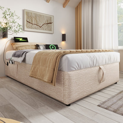 nkelsäng 90×190 cm, förvaringssängstomme med USB-C och helgolvsribbad, utan sänggavel, linne, natur