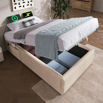nkelsäng 90×190 cm, förvaringssängstomme med USB-C och helgolvsribbad, utan sänggavel, linne, natur