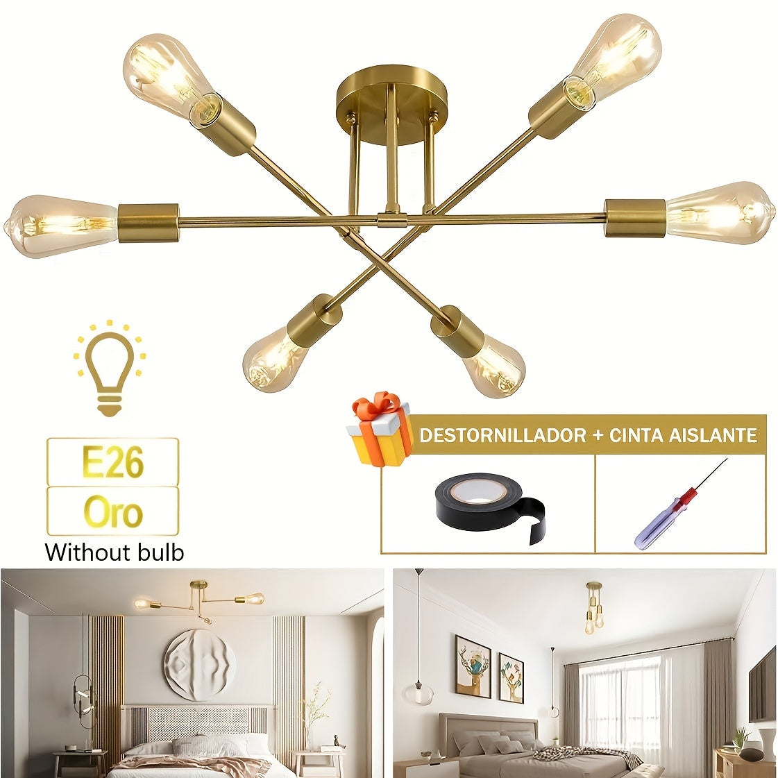 6 st E26 DIY-taklampor, modern ljuskrona, gratis skruvmejsel och elektrisk tejp (utan glödlampa)