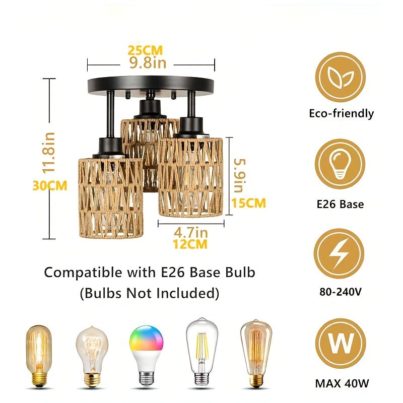 1st 3-Lights Boho Ljusarmaturer Takfäste, Lantgård Rotting Ljuskrona, Handvävd Bur Skärpa Semi Flush Mount Taklampor För Sovrum Foajé Entré Kök, Hall Rotting Ljusarmaturer Tak