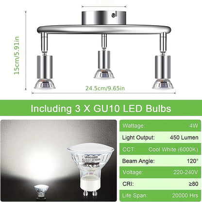LED-taklampa, rund och roterbar, 3-vägs modern taklampa, lämplig för 3 glödlampor, med 3 GU10 glödlampor, 5000k