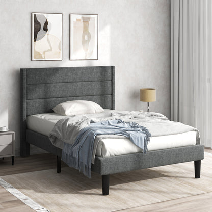 Säng ,90 x 200 cm, sängram med lamell ram och huvudgavel,  dubbelsäng, linnetextilskydd i grått