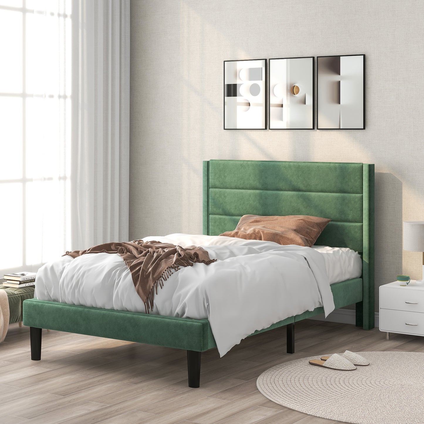 Säng,90 x 200 cm, sängram med lamell ram och huvudgavel, vadderad dubbelsäng, textilskydd med mörkgrön, tidlös modern design, ungdomssäng