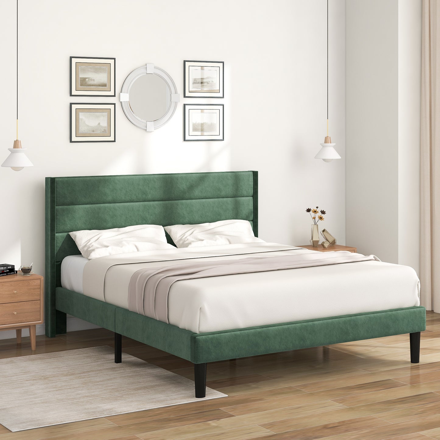 Säng,140 x 200 cm, sängram med lamell ram och huvudgavel, vadderad dubbelsäng, textilskydd med mörkgrön, tidlös modern design, ungdomssäng