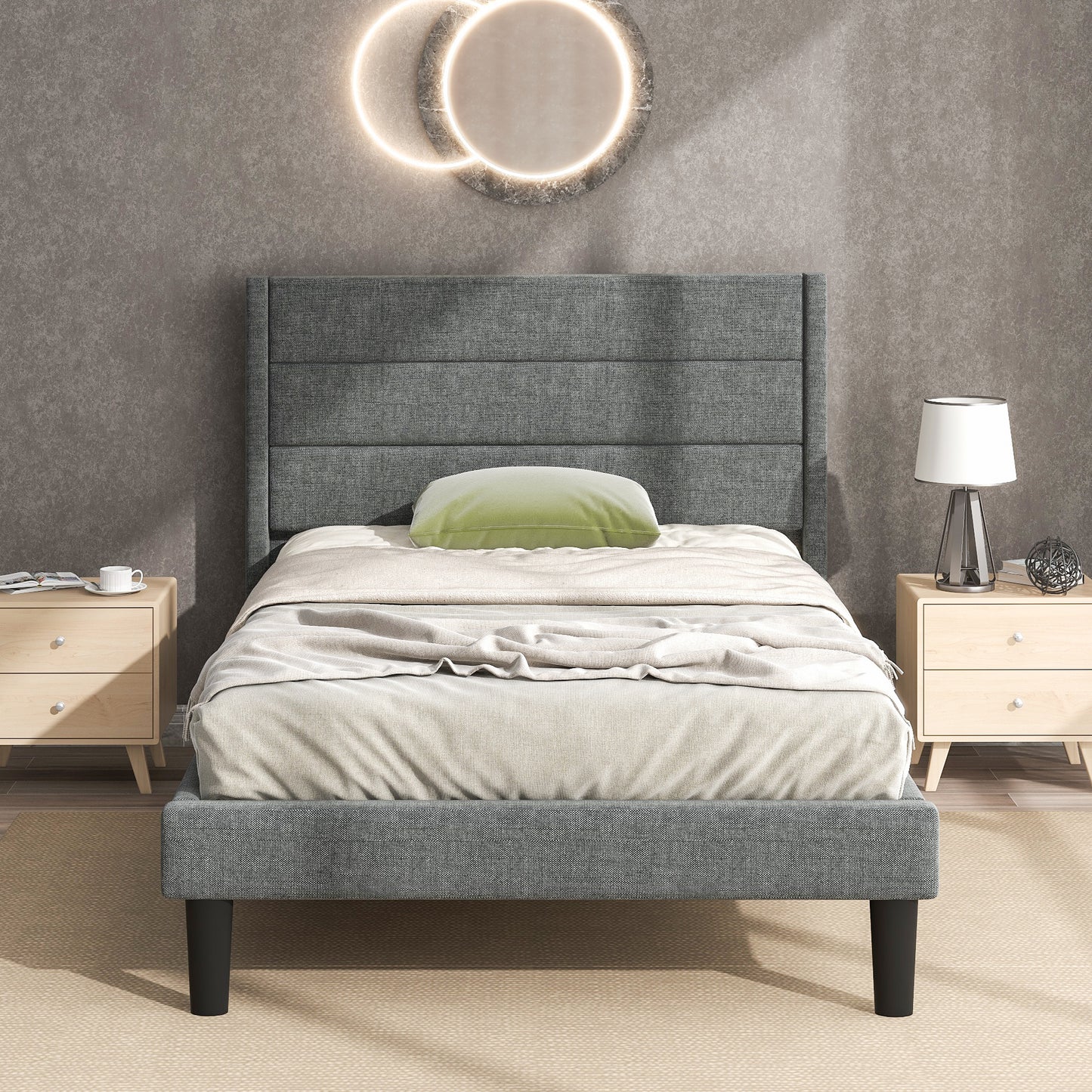 Säng ,90 x 200 cm, sängram med lamell ram och huvudgavel,  dubbelsäng, linnetextilskydd i grått