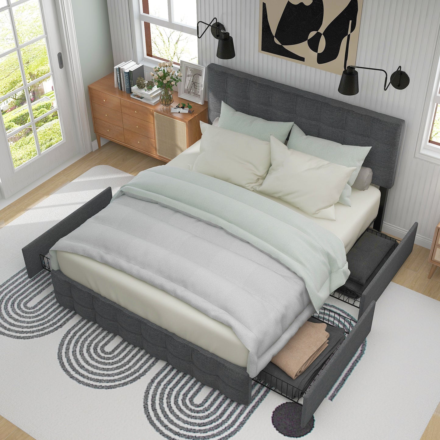 Säng,4 lådor, dubbelsäng med lamell ram, förvaringsutrymme, höjd -justerbar huvudgavel och fyrkantig sömnadsdesign, metallbladstöd, linnematerial (140*200 cm, grå)
