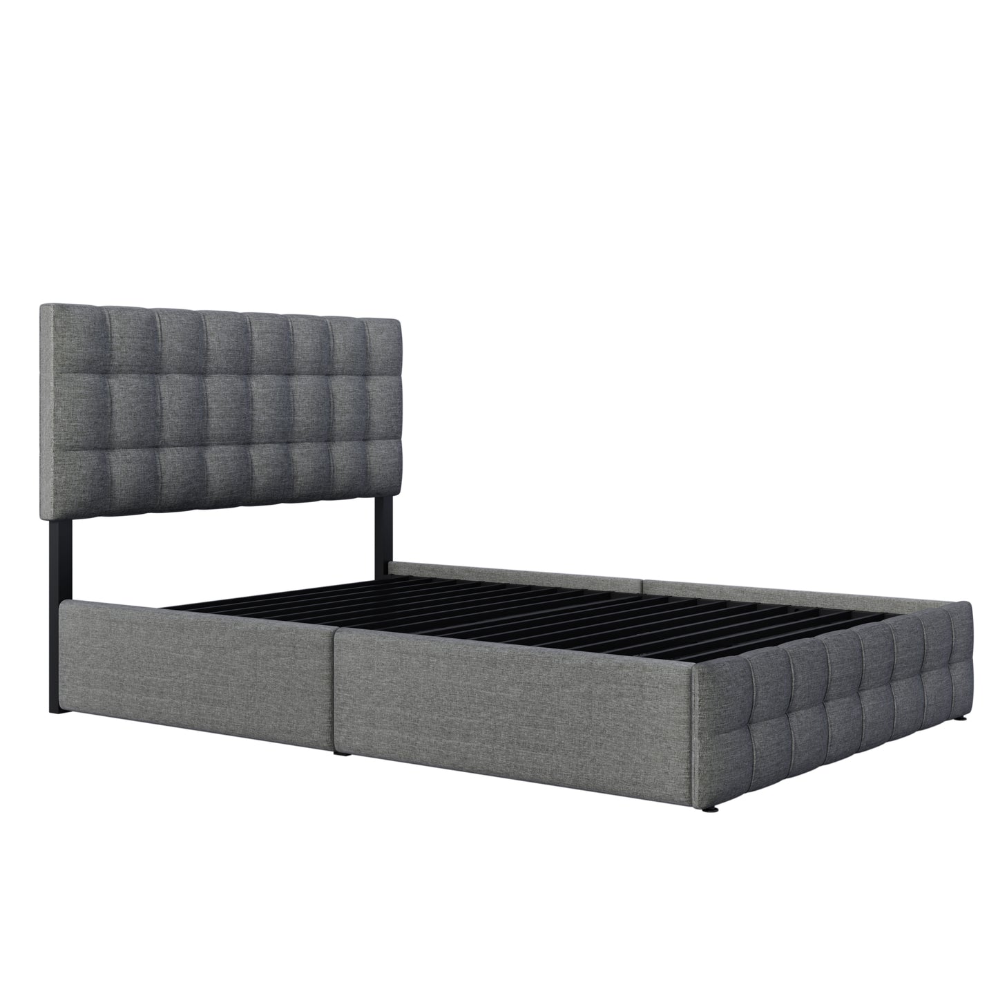 Säng,4 lådor, dubbelsäng med lamell ram, förvaringsutrymme, höjd -justerbar huvudgavel och fyrkantig sömnadsdesign, metallbladstöd, linnematerial (140*200 cm, grå)