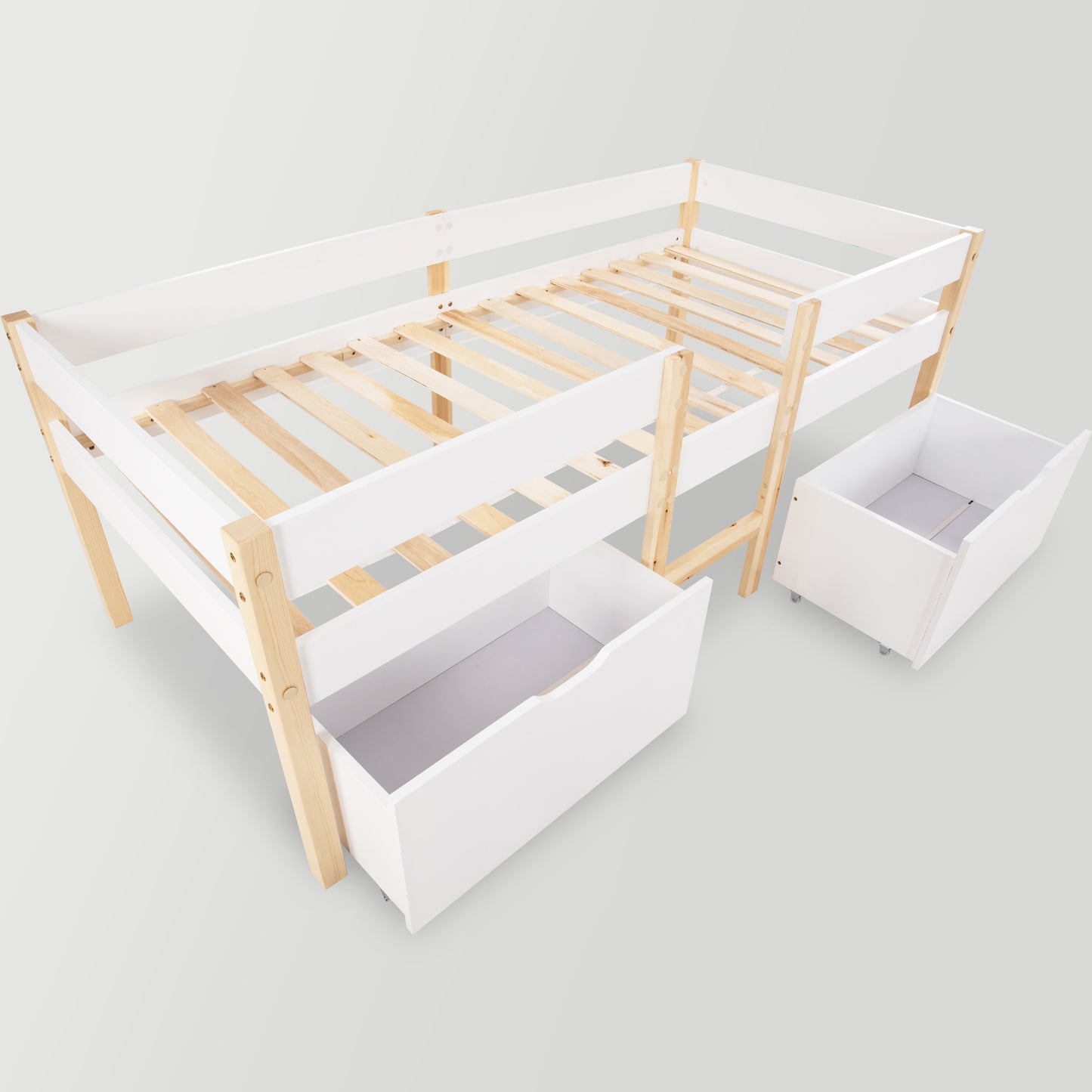 Säng barnsäng med låda och fallskydd, helt trä-90x190 cm White & Oak