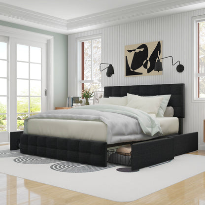 Säng,4 lådor, dubbelsäng med lamell ram, förvaringsutrymme, höjd -justerbar huvudgavel och fyrkantig sömnadsdesign, metallbladstöd, linnematerial (140*200 cm, svart)