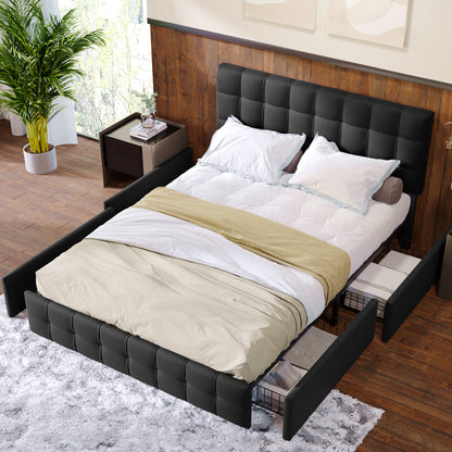 Säng,4 lådor, dubbelsäng med lamell ram, förvaringsutrymme, höjd -justerbar huvudgavel och fyrkantig sömnadsdesign, metallbladstöd, linnematerial (140*200 cm, svart)