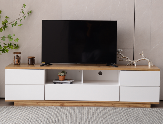 TV -skåp i en vit version, TV -skåp med träkorn, 180 cm
