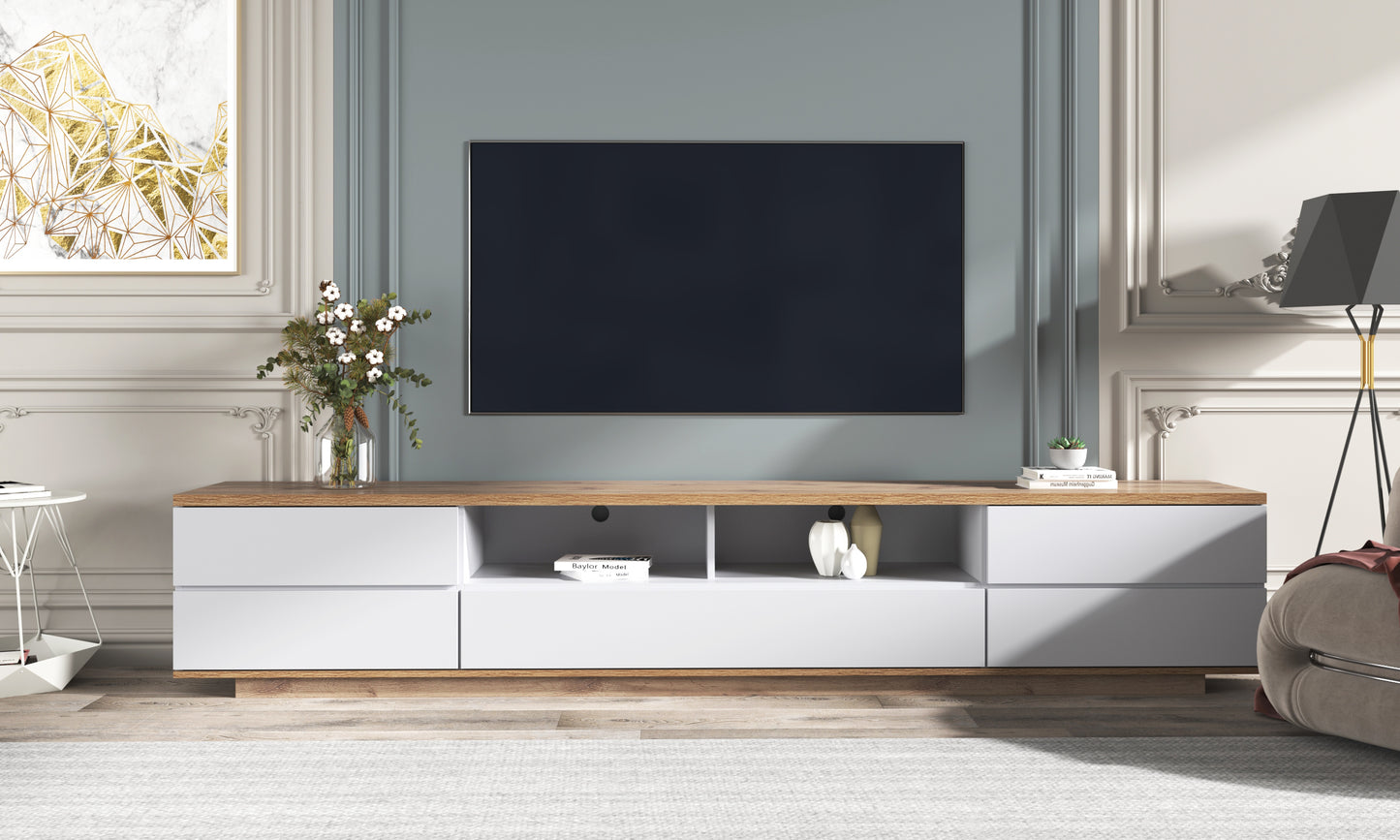 TV -skåp i en vit version med träkorn, 180 cm