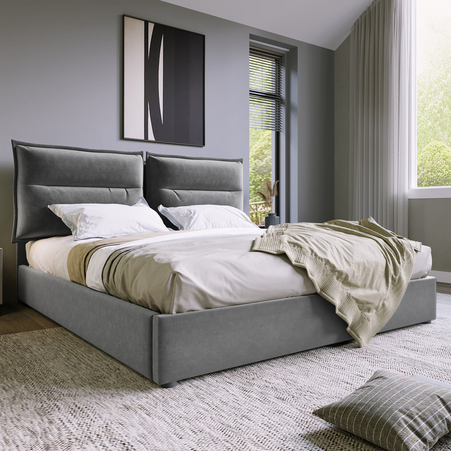 Säng ,140x200 cm, huvudgavel, säng med lamell ram  grå (utan madrass)