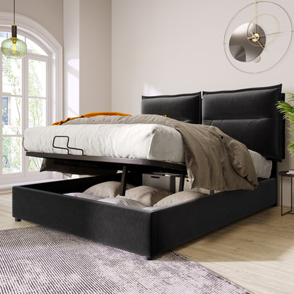 Säng dubbelsäng klädd säng 140x200 cm, justerbar huvudgavel,  svart (med madrass)