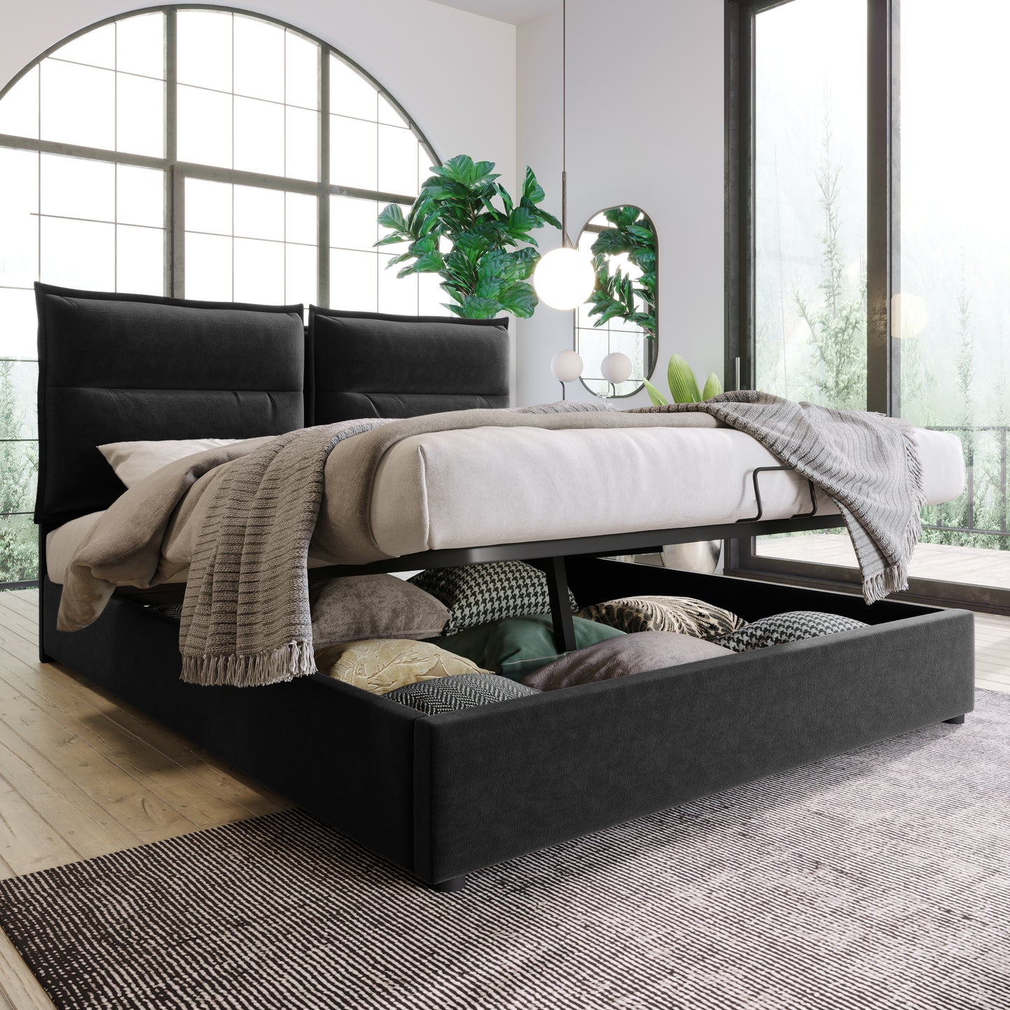Säng,140x200 cm, justerbar huvudgavel, säng med lamell ram gjord av metallram, sammet, modern sängram med förvaringsutrymme, stort förvaringsutrymme, svart (utan madrass)