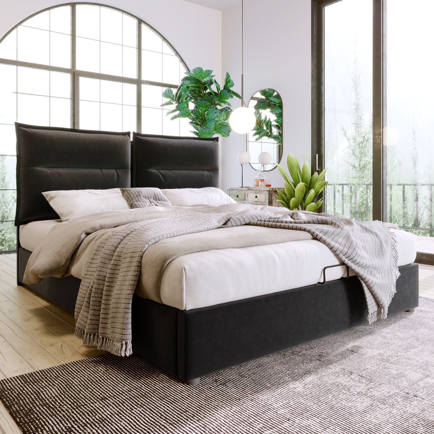 Säng,140x200 cm, justerbar huvudgavel, säng med lamell ram gjord av metallram, sammet, modern sängram med förvaringsutrymme, stort förvaringsutrymme, svart (utan madrass)
