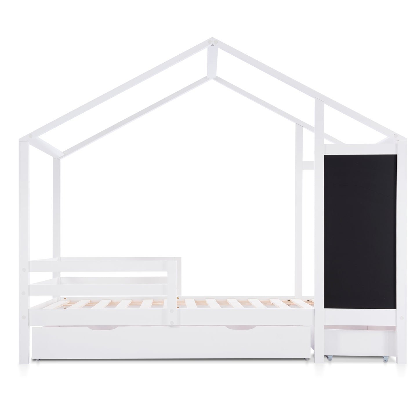 Barnsäng,Säng90 x 200 cm, träbädd med bord och 2 lådor, massivt trä med staket och lamell ram, vit (utan madrass)