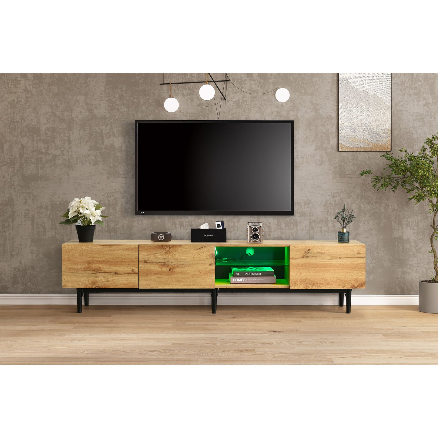 TV -skåp med träkorn,  LED -lampor, 175 (l) x 31 (w) x 41 (h) cm