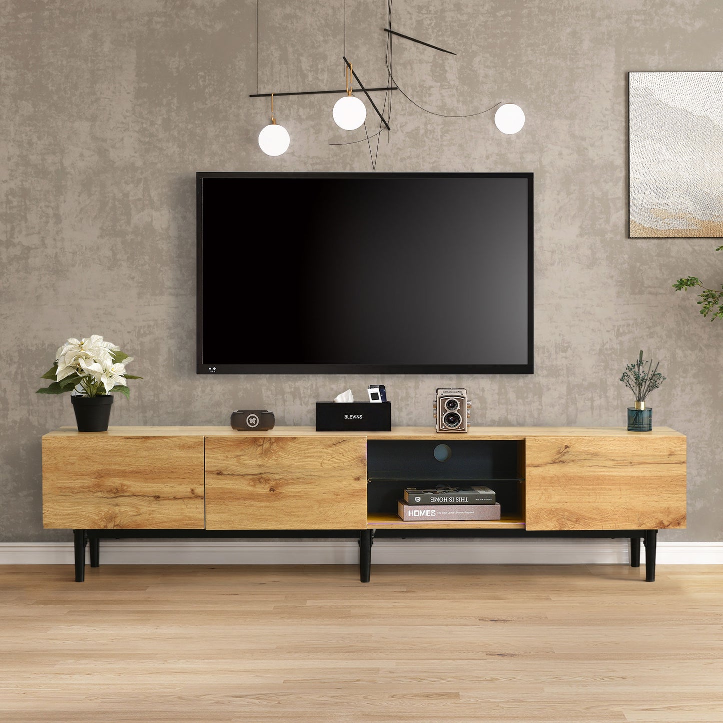 TV -skåp med träkorn, variabla LED -lampor, 175 (l) x 31 (w) x 41 (h) cm