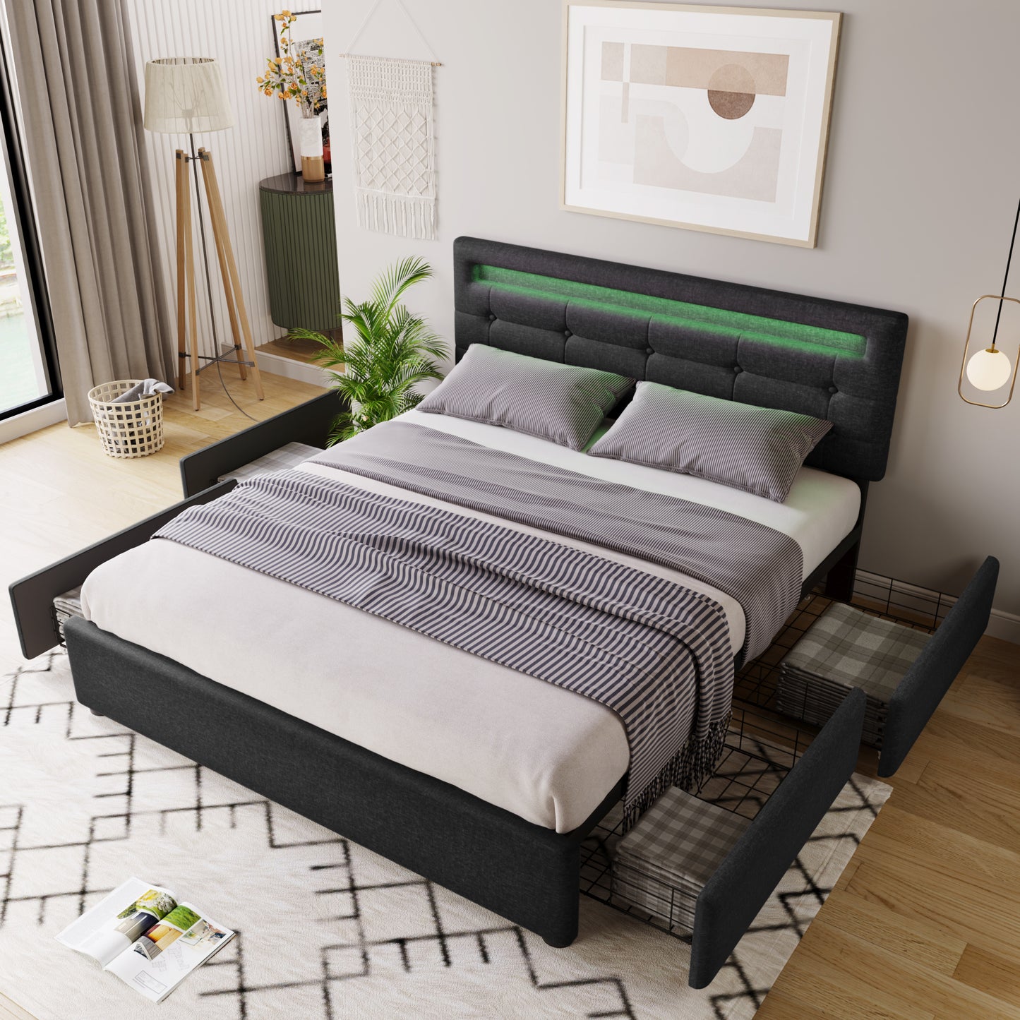 Säng dubbelsäng klädd säng 140x200 cm,  svart (utan madrass)