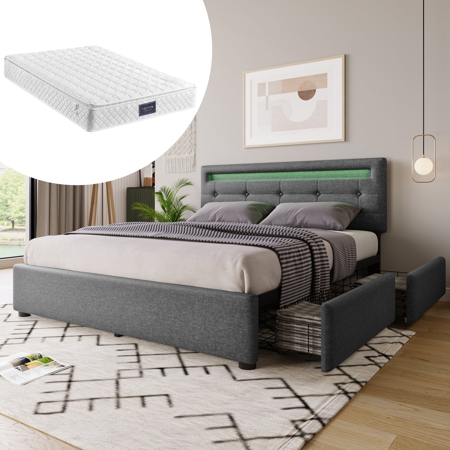 Säng inklusive madrass, dubbelsäng klädd säng 140x200 cm,  grå