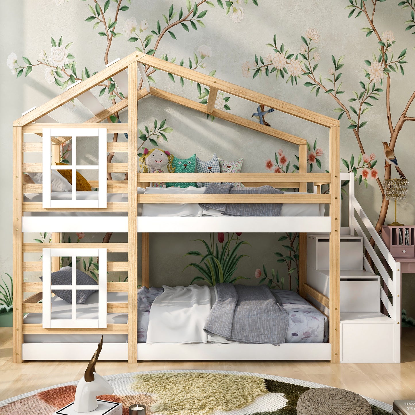 Barnsäng,Säng90 x 200 cm, loft säng för barn- 2x lamellat ram- natur & vit