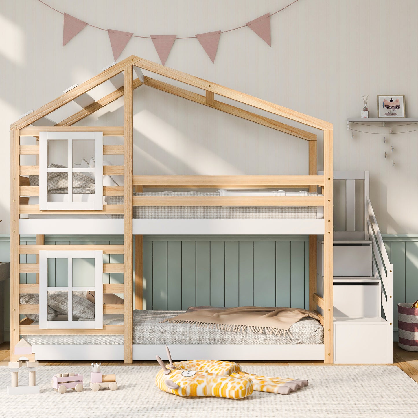 Barnsäng,Säng90 x 200 cm, loft säng för barn- 2x lamellat ram- natur & vit