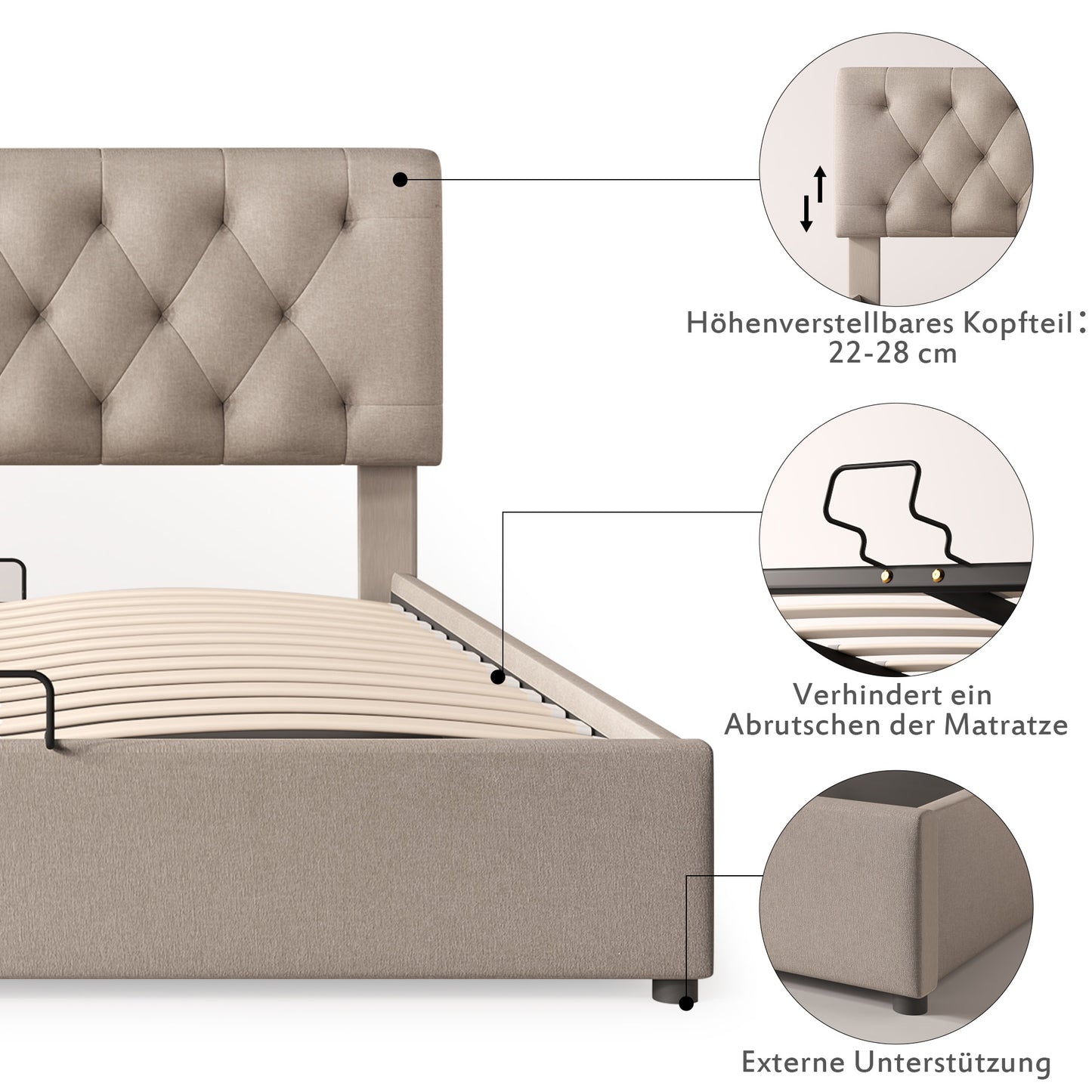 Säng,160x200 cm, inklusive madrass, justerbar huvudgavel dubbelsäng, säng med lamell ram gjord av metallram, modern sängram med förvaringsutrymme, naturligt