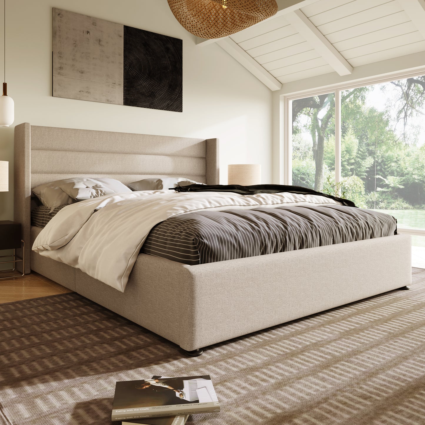 Säng ,180x200 cm, lamell ram gjord av trä, säng med lamell ram gjord av metallram, linne, beige