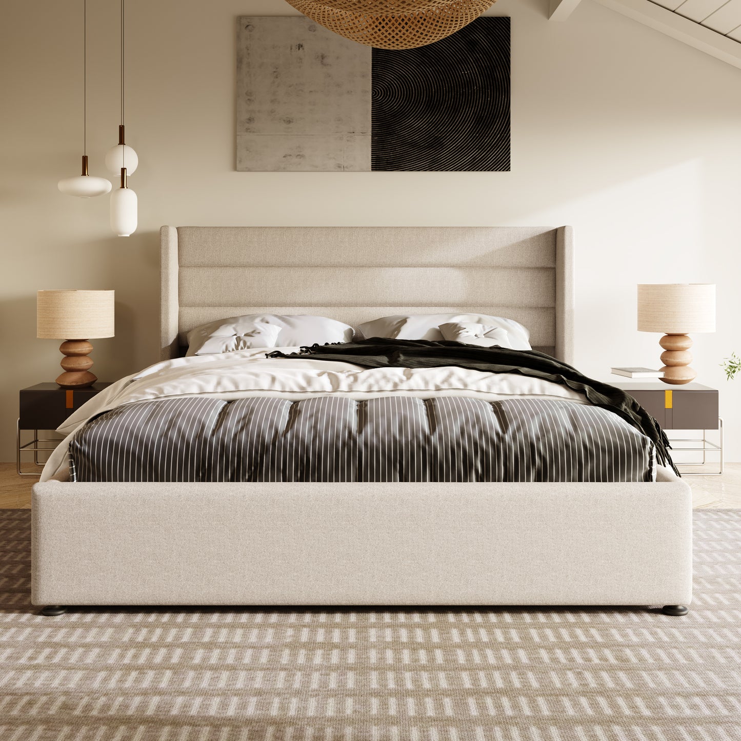 Säng ,180x200 cm, lamell ram gjord av trä, säng med lamell ram gjord av metallram, linne, beige