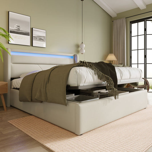 Säng dubbelsäng säng 140x200 cm, funktionssäng, vit (med fjärrkontroll)