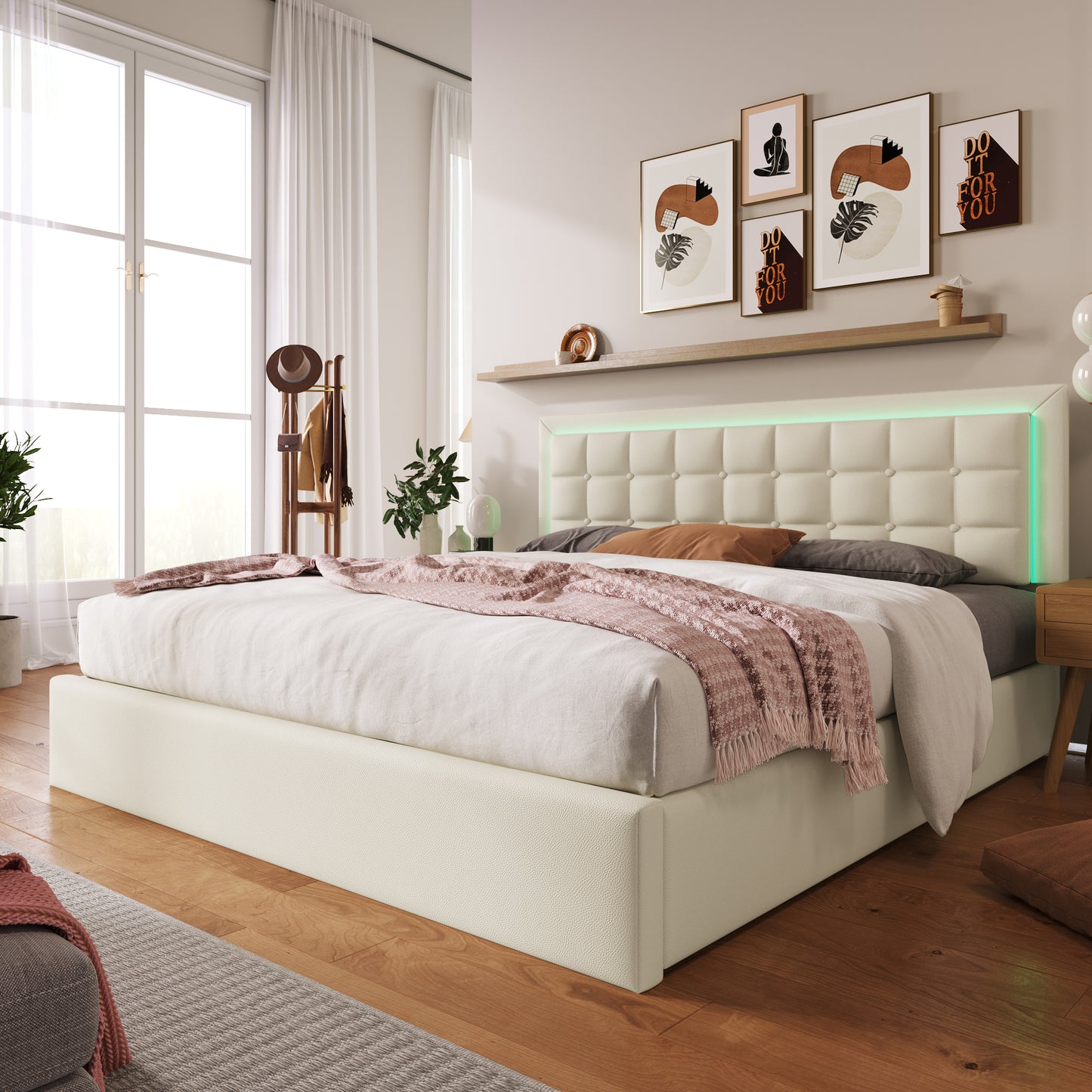 Säng ,140x200 cm, förvaringsutrymme sängfunktion säng täckning gjord av syntetiskt läder vitt