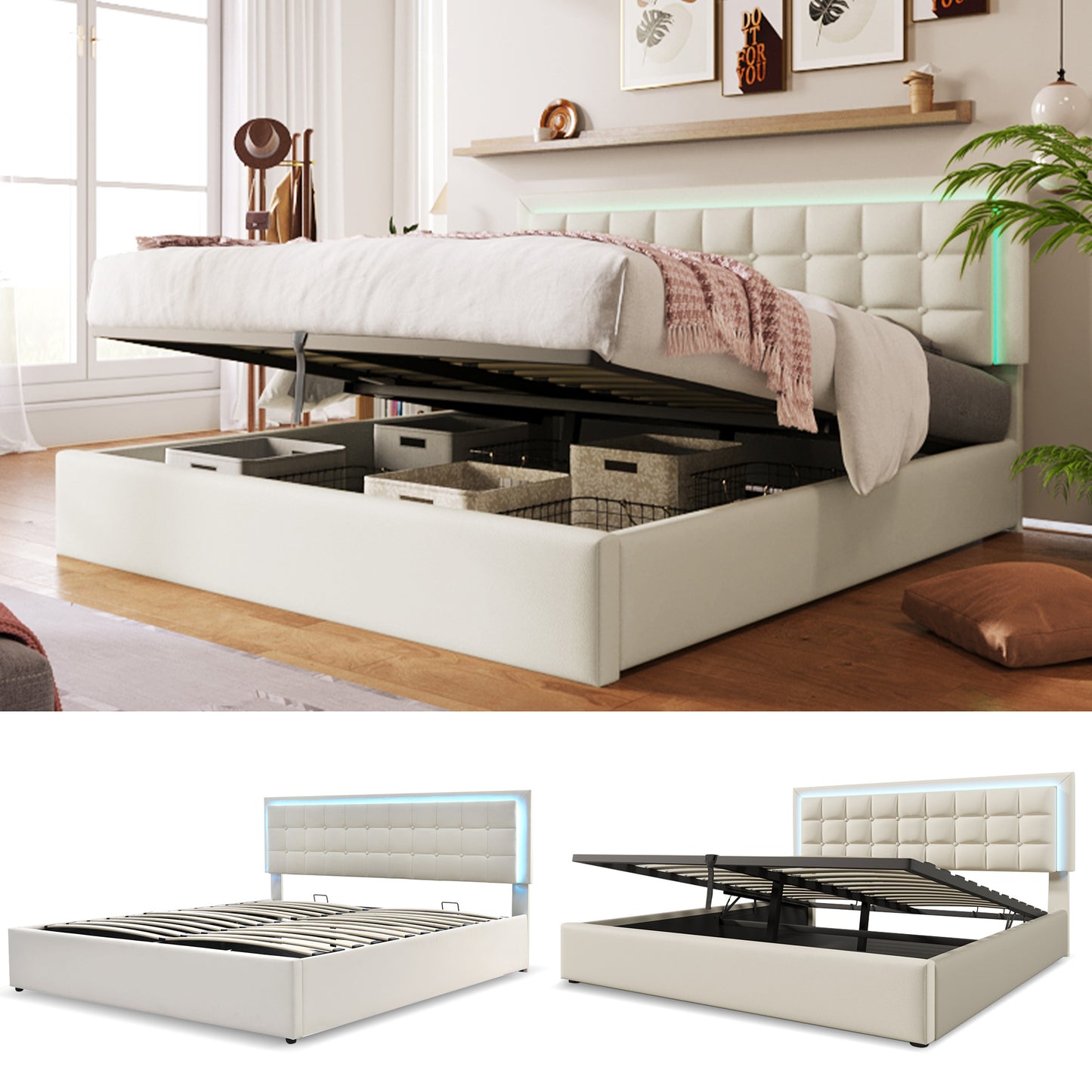 Säng ,140x200 cm, förvaringsutrymme sängfunktion säng täckning gjord av syntetiskt läder vitt