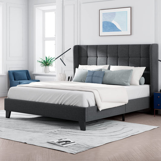 Säng  dubbelsäng med lamell ram, 140x200 cm, i grått linne,  (utan madrass)