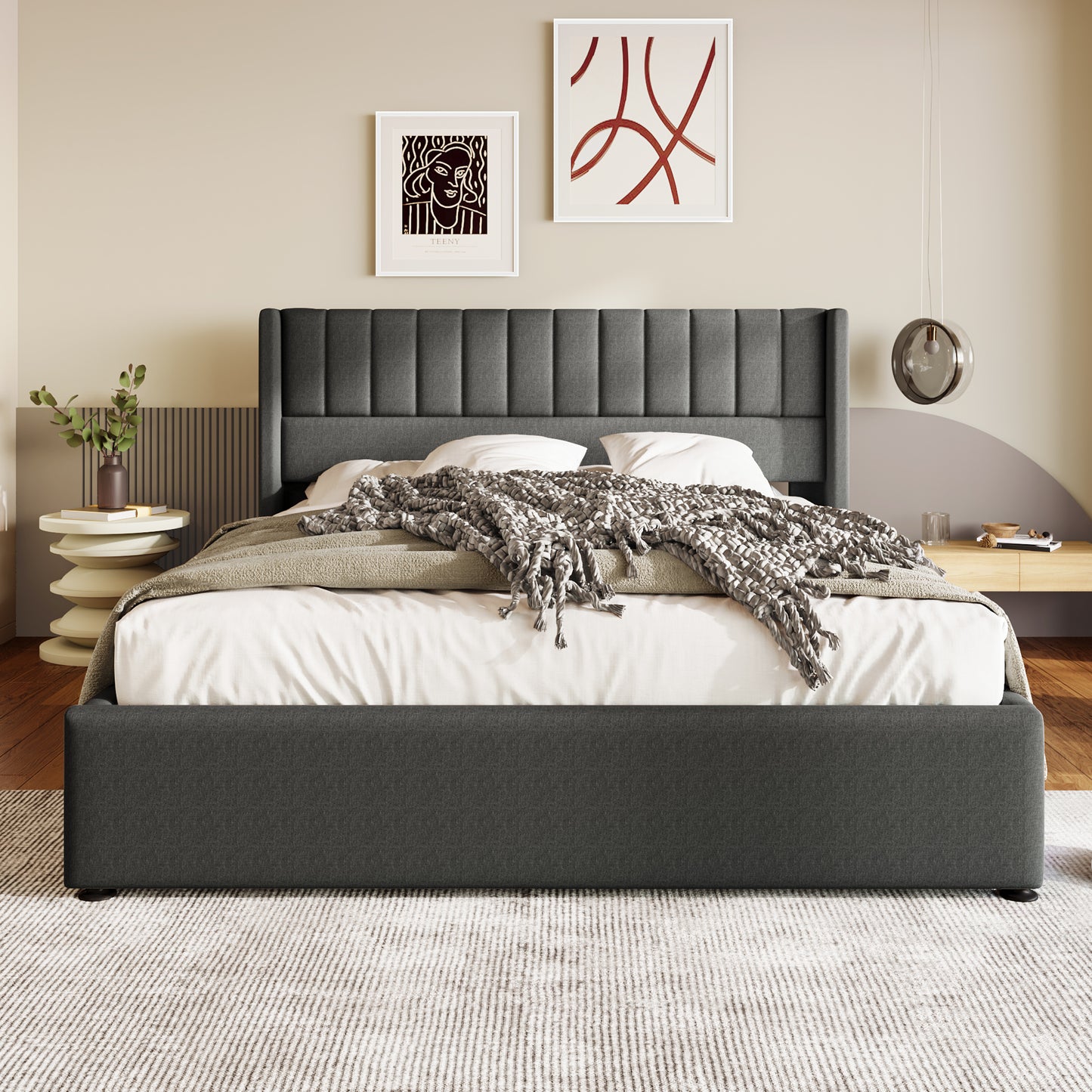 Säng ,160x200 cm, lamell ram gjord av trä, säng med lamell ram gjord av metallram, linne, grå