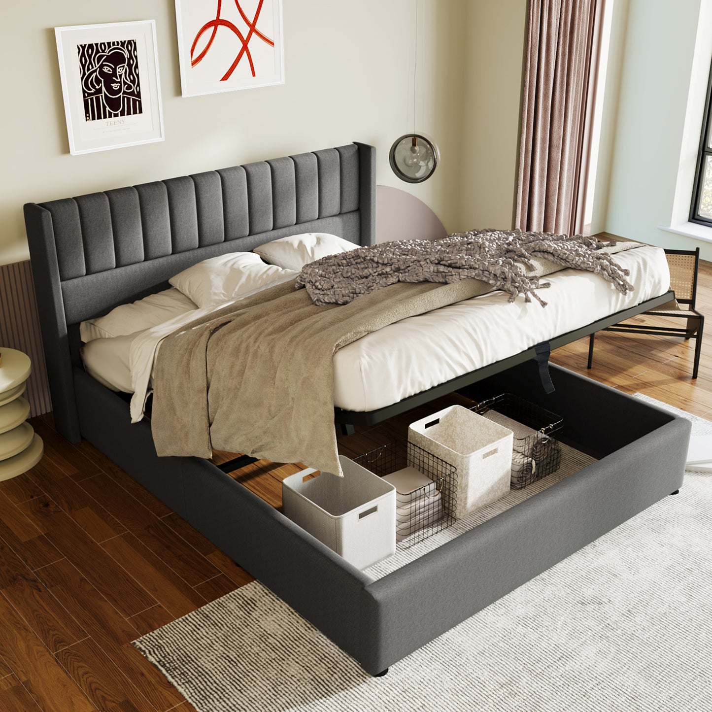 Säng ,140x200 cm, lamell ram gjord av trä, säng med lamell ram gjord av metallram, linne, grå