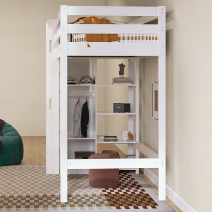 Barnssäng loftsäng våningsäng med garderob och 6 hyllor enkelsäng liggande yta 90x200 cm -208x110x186 (bxtxh) vit