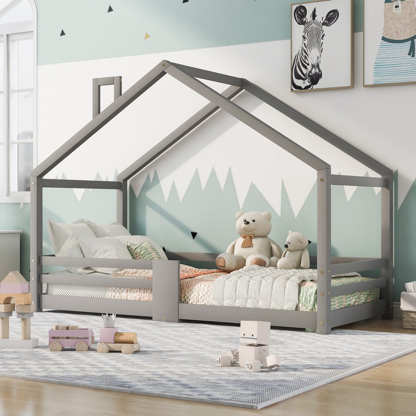 Barnsäng,Säng90 x 200 cm utan madrass, grå