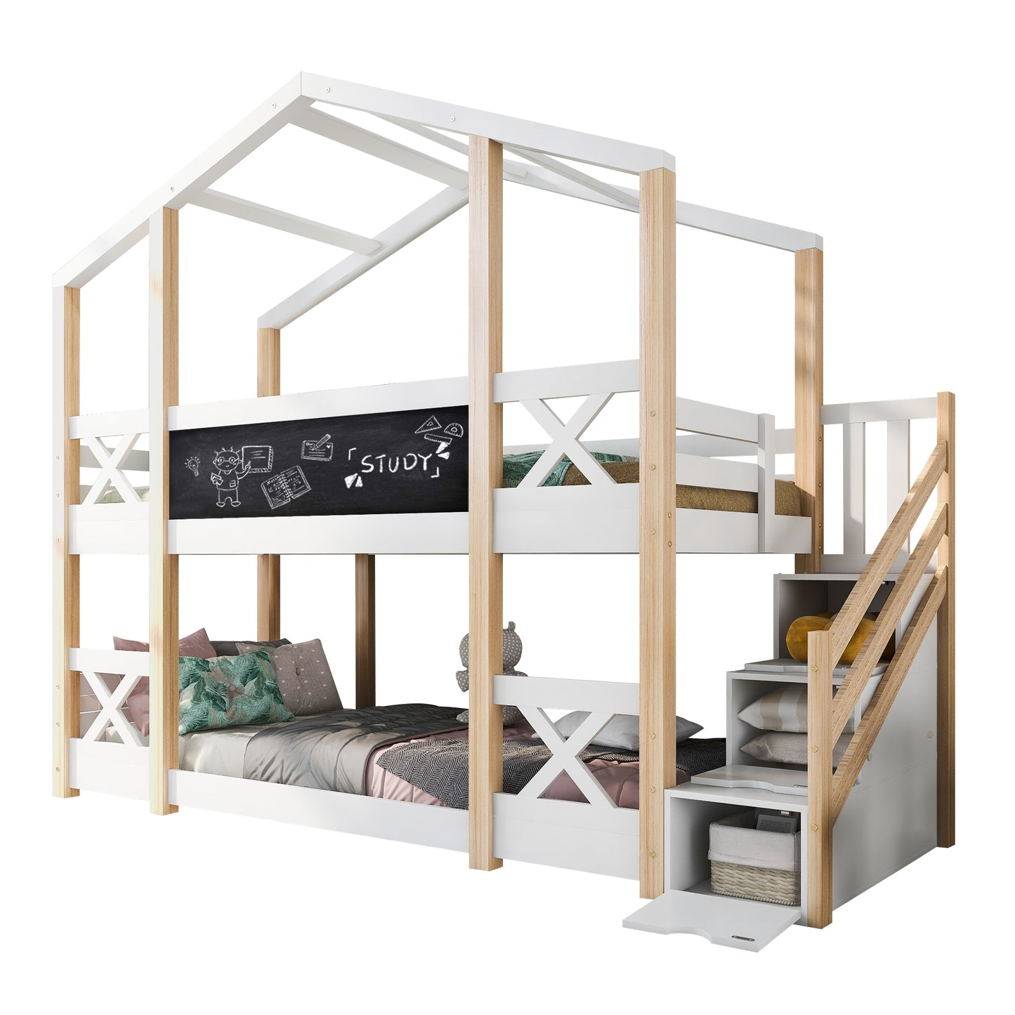 Barnsäng säng  90 x 200 cm, loft säng för barn- 2x Slamated Frame Nature & White