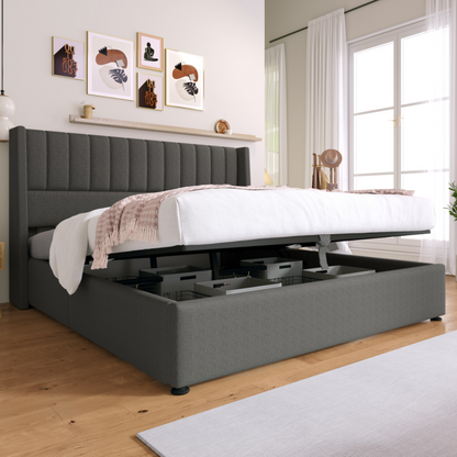 Säng ,140x200 cm, lamell ram gjord av trä, säng med lamell ram gjord av metallram, linne, grå