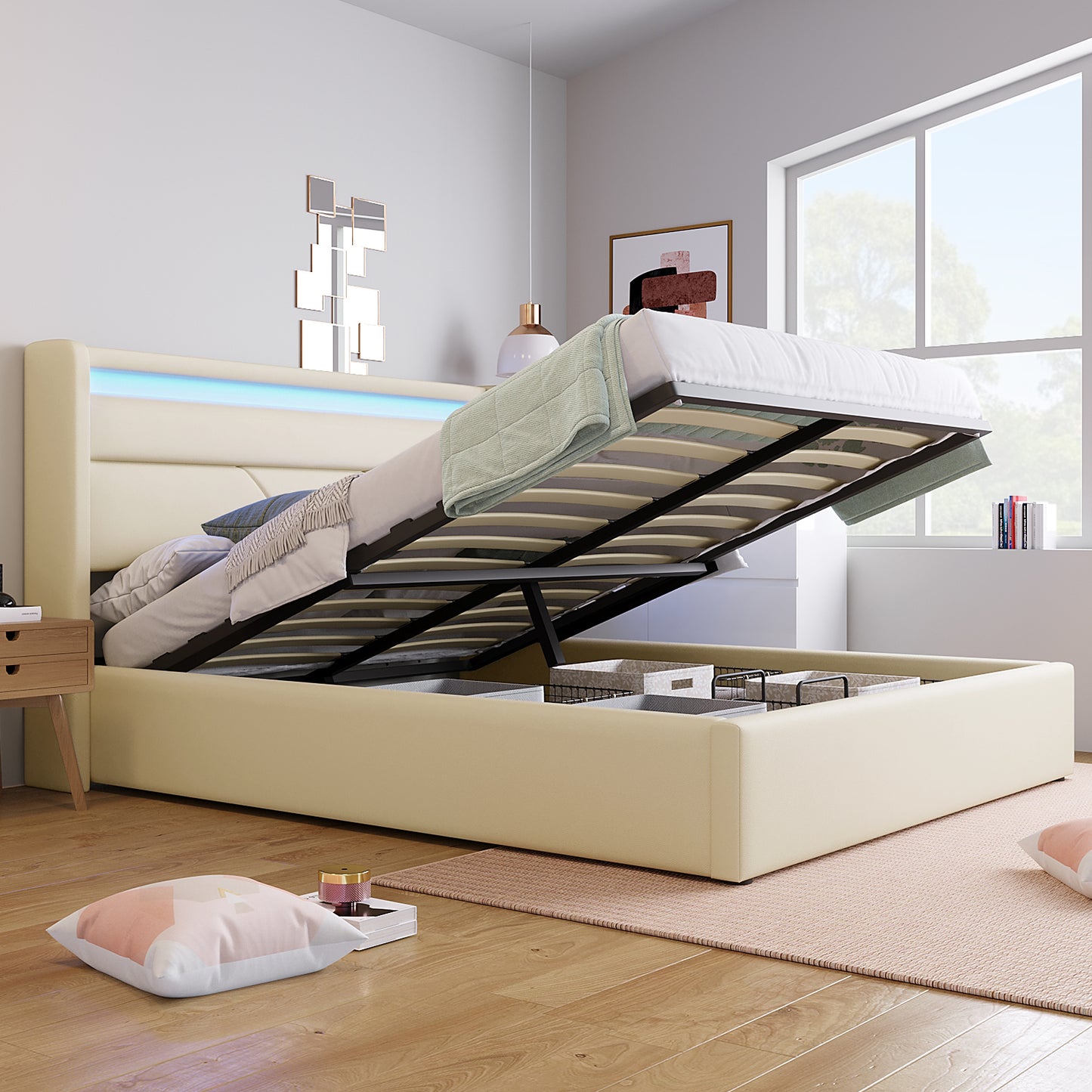Säng dubbelsäng säng 140x200 cm, funktionssäng, vit (med fjärrkontroll)