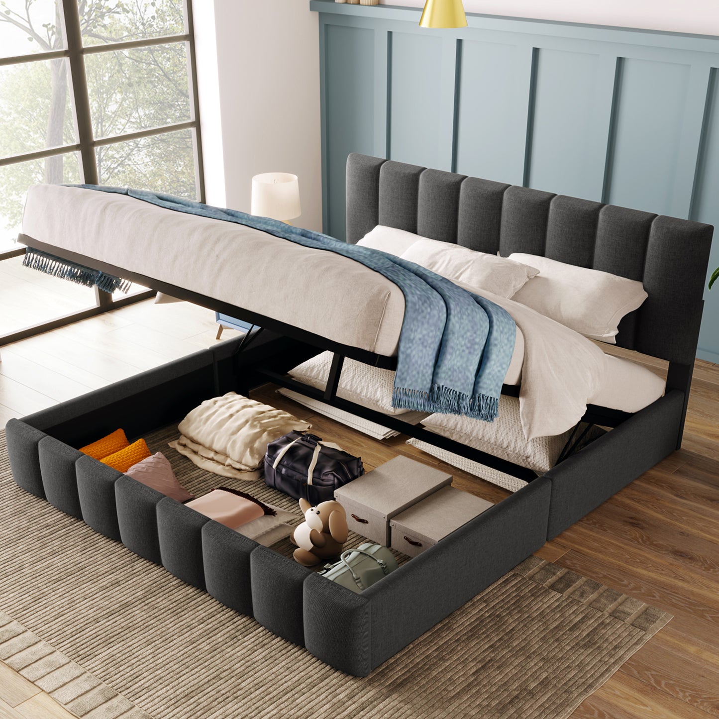 Säng,140x200 cm, justerbar huvudgavel, säng med lamell ram gjord av metallram, linnematerial, modern sängram med förvaringsutrymme, stort förvaringsutrymme, grå (utan madrass)