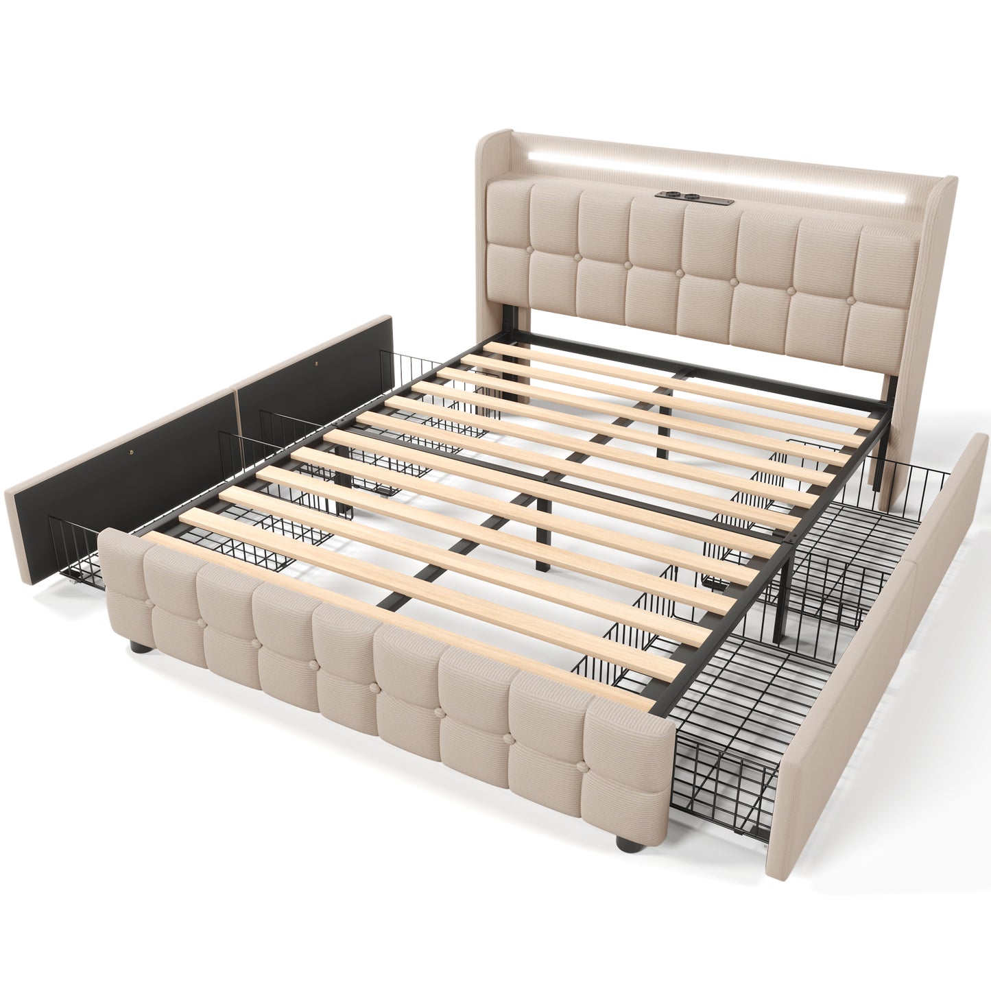 Säng,4 lådor, dubbelsäng 160x200 cm förvaringssängsäng, lamell ram gjord av trä, beige (med madrass)