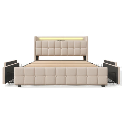 Säng,4 lådor, dubbelsäng 160x200 cm förvaringssängsäng, lamell ram gjord av trä, beige (med madrass)