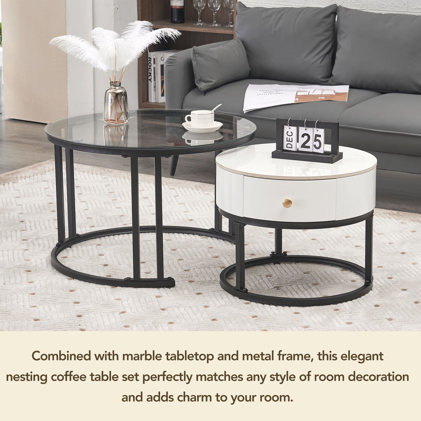 Soffabord,bord,vitt soffbordssetglas, marmorskifferplatta och massivt trä låda
