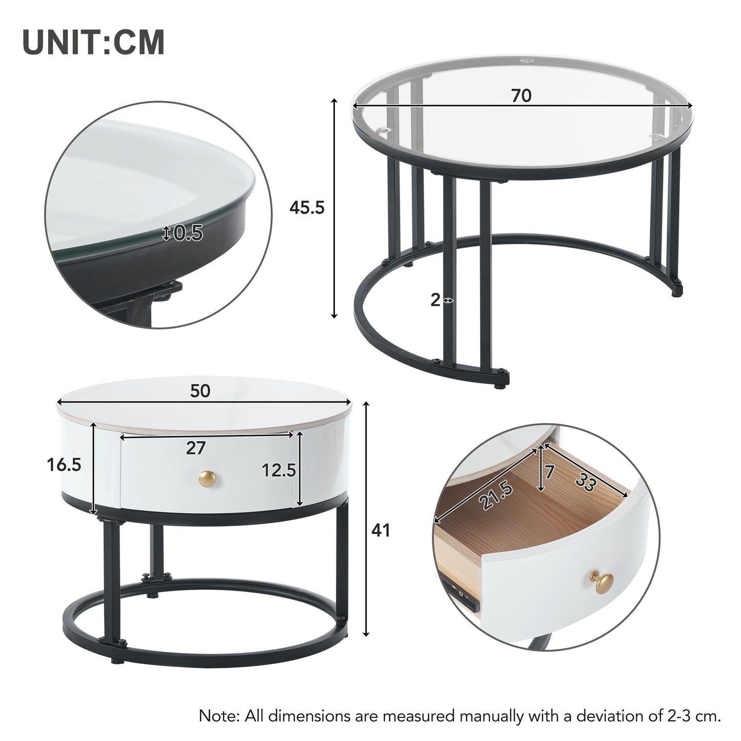 Soffabord,bord,vitt soffbordssetglas, marmorskifferplatta och massivt trä låda