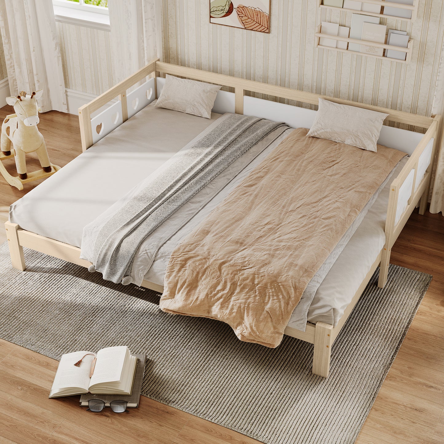 Säng,90*190 cm tallfast, med 2: a sovande och rullande rack hjärtform vit & naturlig